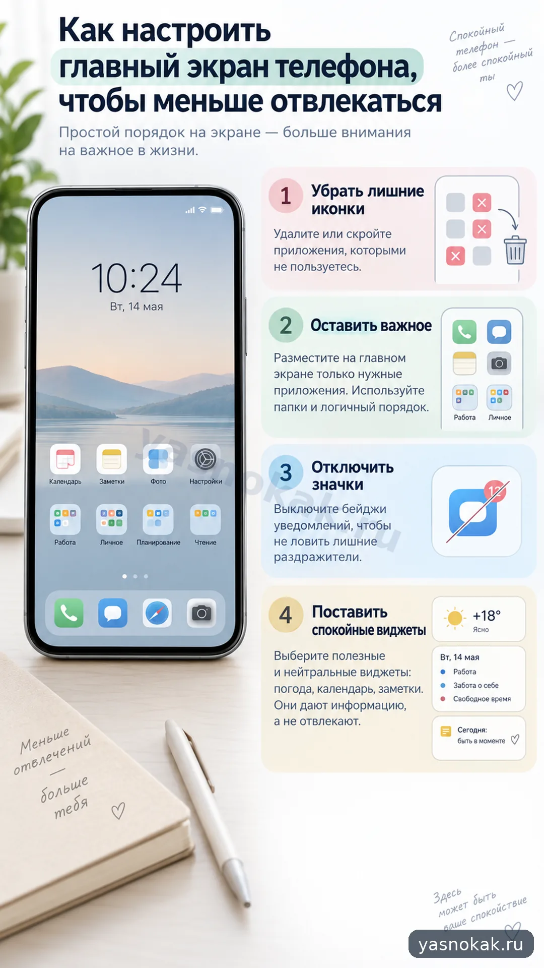 Схема: Как настроить главный экран телефона, чтобы меньше отвлекаться