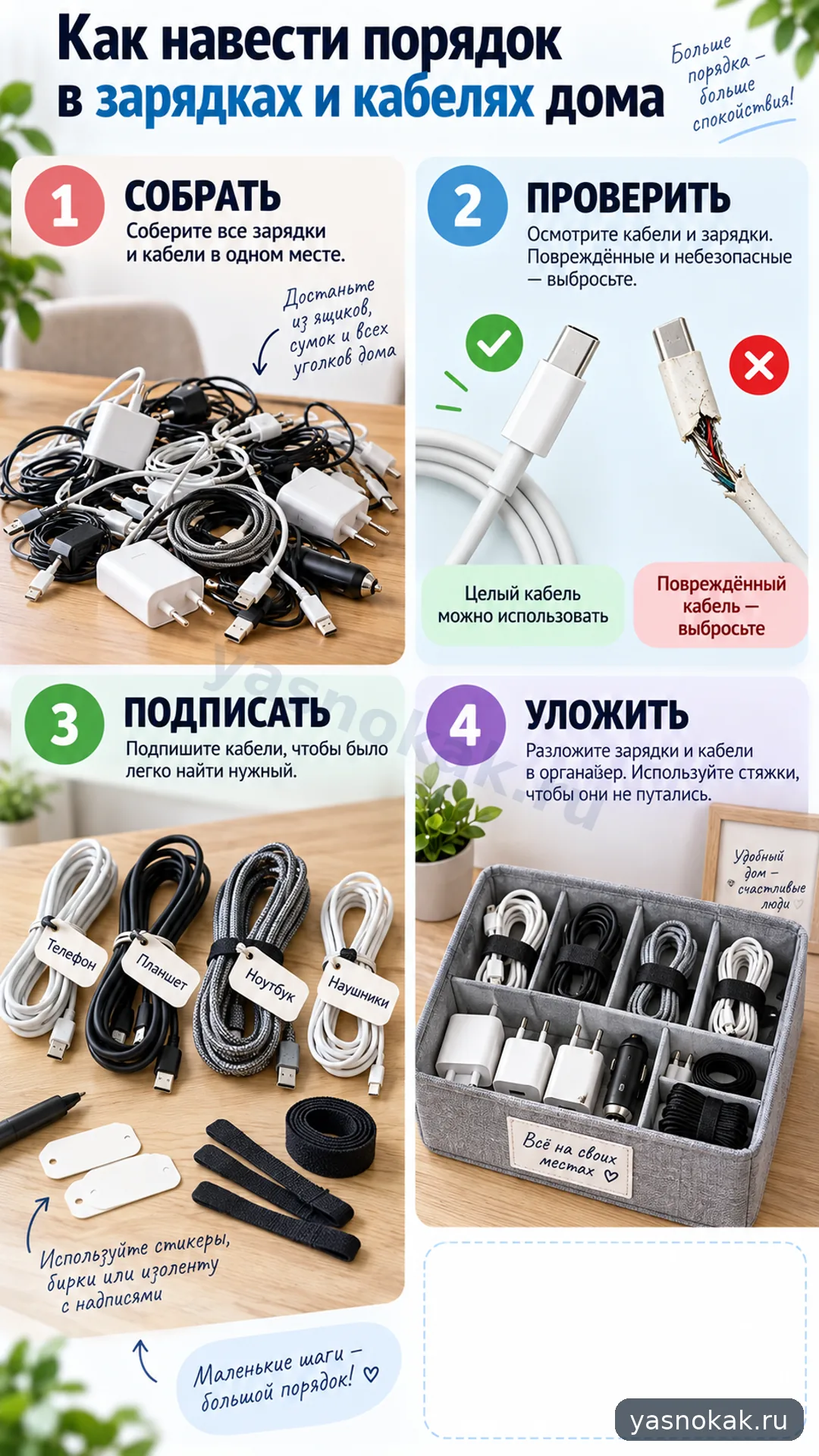 Схема: Как навести порядок в зарядках и кабелях дома