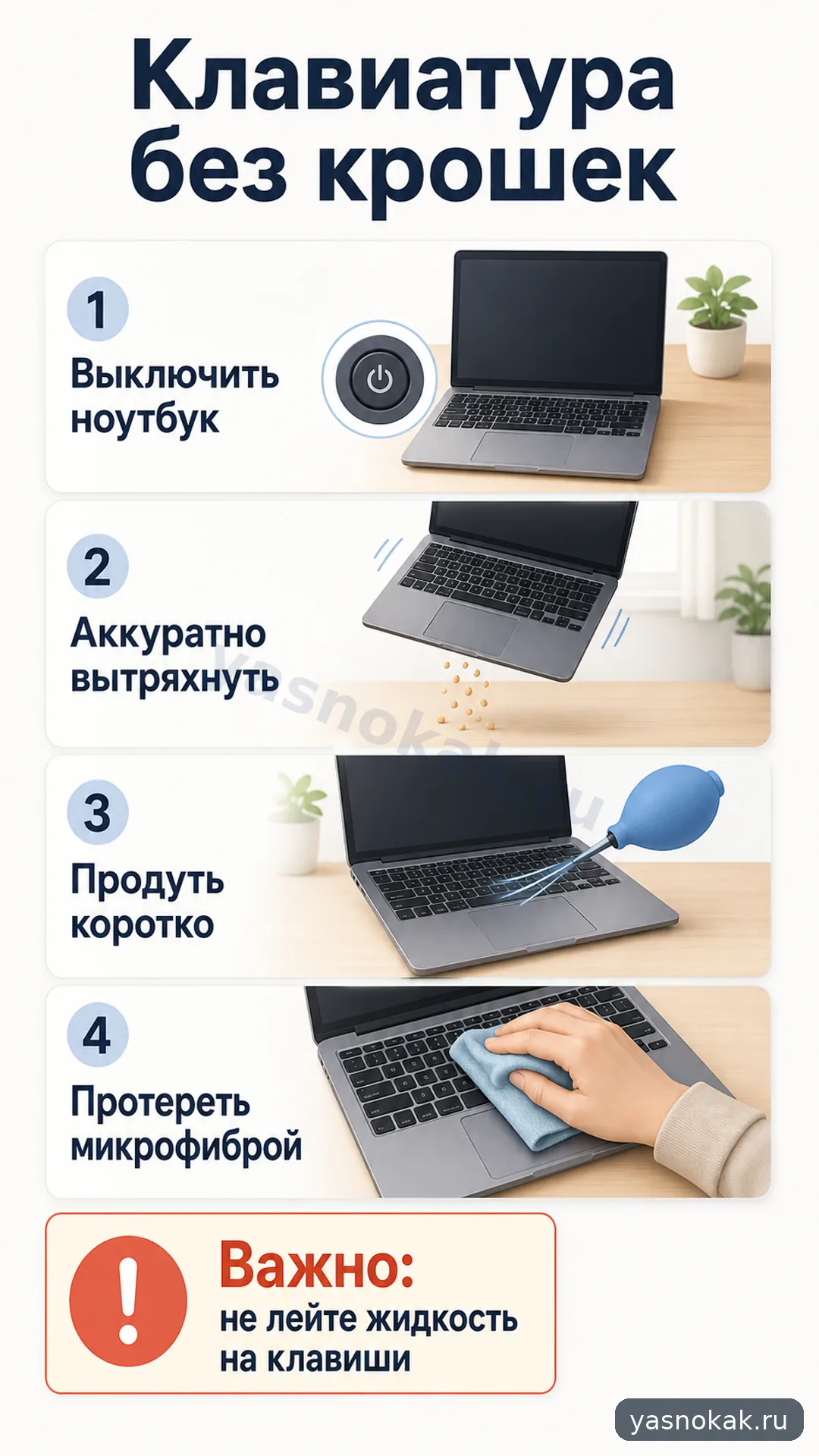 Схема: Как почистить клавиатуру ноутбука от крошек