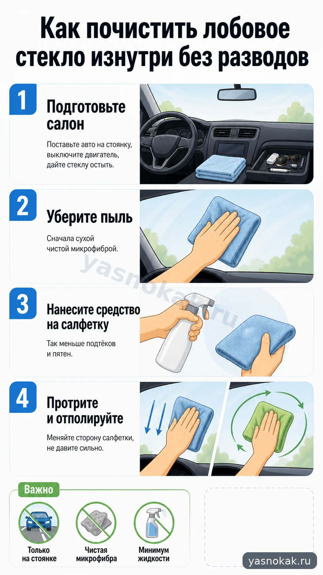 Схема: Как почистить лобовое стекло внутри автомобиля без разводов