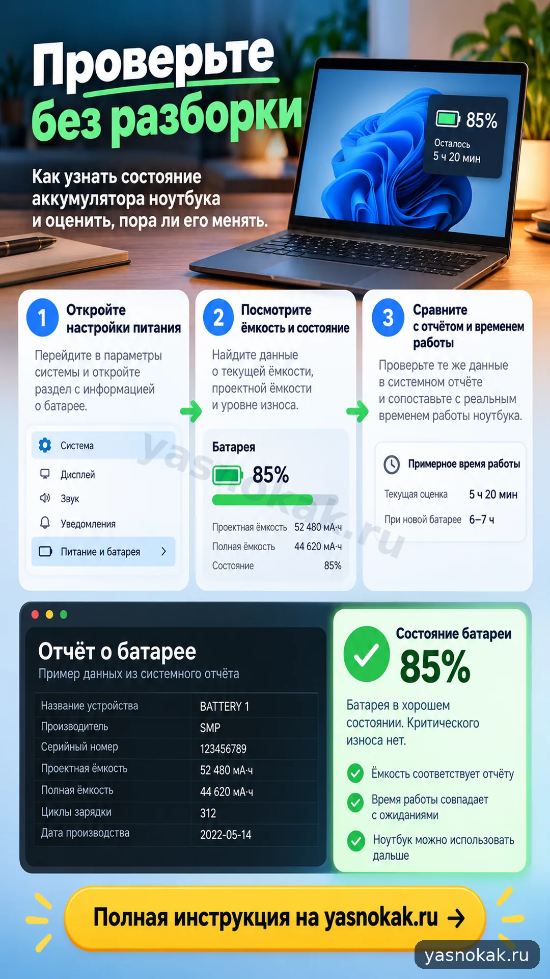 Схема: Как проверить состояние аккумулятора ноутбука без разборки